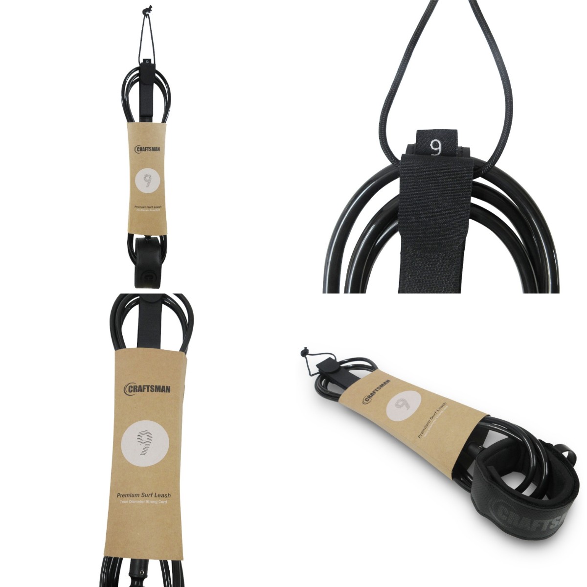 CRAFTSMAN Premium Surf Leash 9ft 足首 Ragular 7mmコード リーシュコード ロングボード レギュラー サーフィン リーシュ 軽量カフ カフ内側ノンスリップメッシュスキン仕様