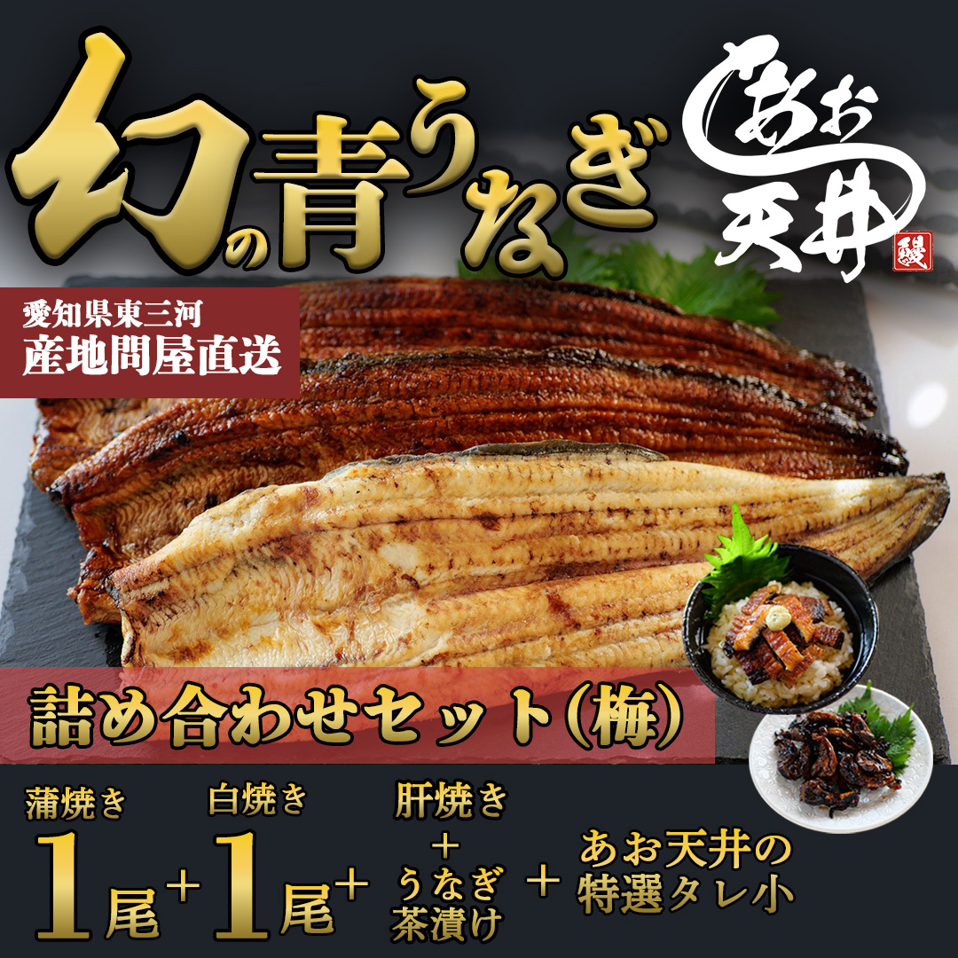 【詰め合わせセット（梅）】幻の鰻 あお天井の蒲焼き1尾と白焼き1尾と特選うなぎ茶漬けと高級肝焼きセットとあお天井の特選タレ小（2～4前）【愛知県東三河産地問屋直送】
