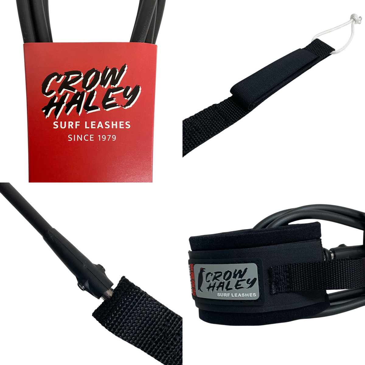 CROW HALEY SURF LEASHES 6” / COMP / REGULAR / 5.5mm / 7mm サーフリーシュ カスタムサイズ MATTE BLACK / GLOSS Designed in USA Made in Japan